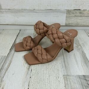 Marc Fisher womens tan leather braided square heeled sandals faux leather